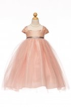Pink Poly Silk & Tulle Overlayed Empire Waist Dress with Cup Sleeves